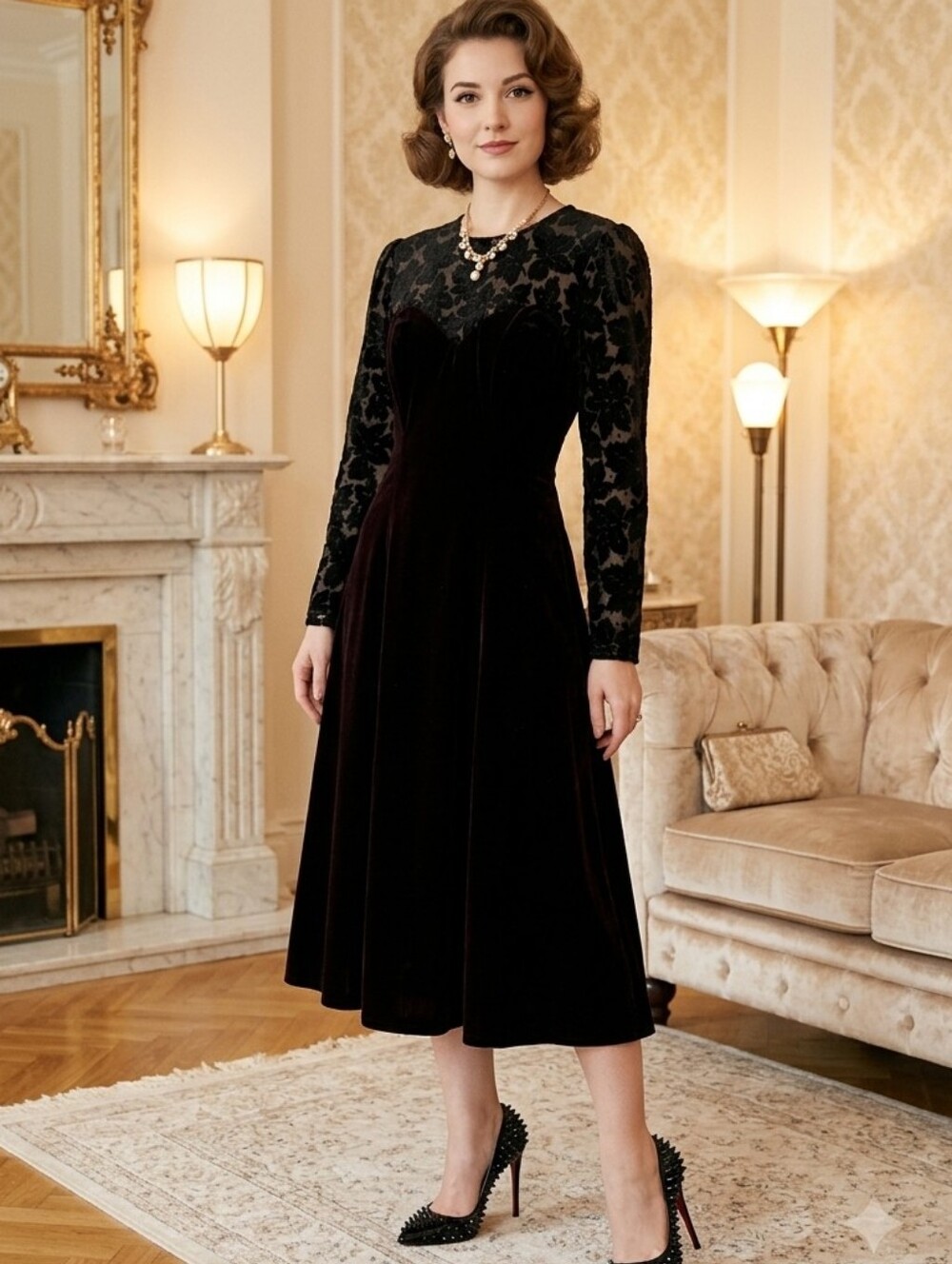 VINTAGE🖤Algo Boutique VELVET/LACE Sparkly SLEEVES🖤Tule Under ALINE MIDI Size 9